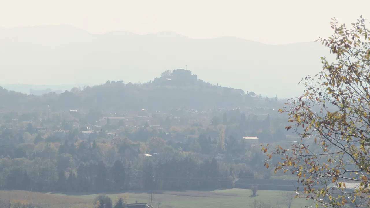 Colline velate di foschia autunnale verso Gorizia, con il castello lontano su un colle e un albero giallo a destra.
